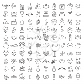 Valentine`s day icon set. Romantic design elements isolated on white. Thin line version. Vector illustration