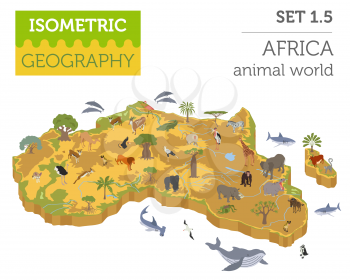 Flat 3d isometric Africa flora and fauna map constructor elements. Animals, birds and sea life isolated on white big set. Build your own geography infographics collection. Vector illustration