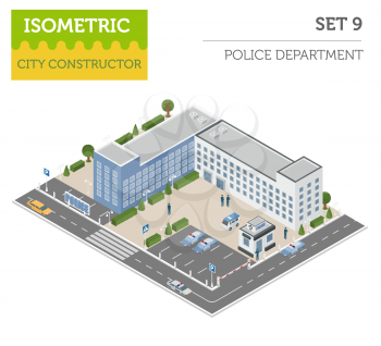 Flat 3d isometric Police Department and city map constructor elements such as building, police officer, car, parking isolated on white. Build your own infographic collection. Vector illustration