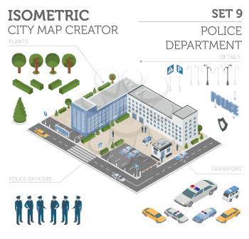 Flat 3d isometric Police Department and city map constructor elements such as building, police officer, car, parking isolated on white. Build your own infographic collection. Vector illustration