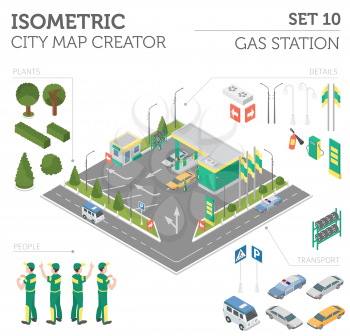 Flat 3d isometric Gas station and city map constructor elements such as building, filling equipment, refuelers, transport isolated on white. Build your own infographic collection. Vector illustration