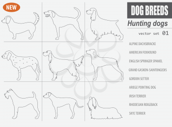 Hunting dog breeds set icon isolated on white . Outline, linear version. Vector illustration