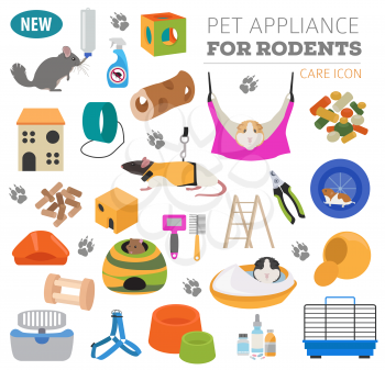 Pet appliance icon set flat style isolated on white. Rodents care collection. Create own infographic about guinea pig, rat, hamster, chinchilla, mouse, rabbit. Vector illustration