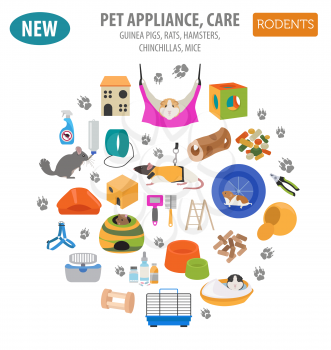 Pet appliance icon set flat style isolated on white. Rodents care collection. Create own infographic about guinea pig, rat, hamster, chinchilla, mouse, rabbit. Vector illustration