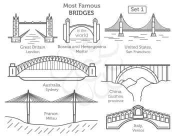 Most famous bridges in the world. Landmarks linear style icon set. Possible use in infographic design. Vector illustration