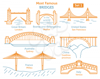 Most famous bridges in the world. Landmarks linear style icon set. Possible use in infographic design. Vector illustration