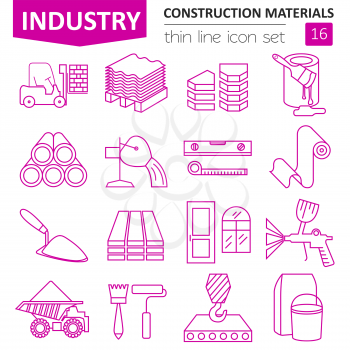 Construction and finishing materials icon set. Thin line design isolated on white. Create your industrial infographics collection. Vector illustration