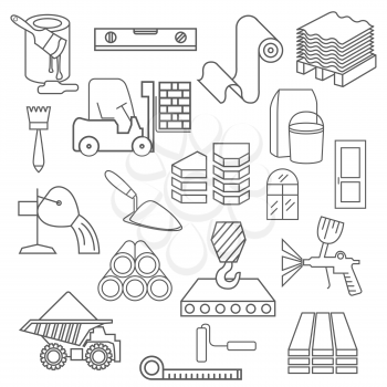 Construction and finishing materials icon set. Thin line design isolated on white. Create your industrial infographics collection. Vector illustration