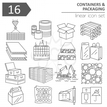 Containers and packaging icon set. Thin line design isolated on white. Create your industrial infographics collection. Vector illustration