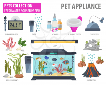 Aquarium appliance icon set flat style isolated on white. Freshwater fish care collection. Create own infographic about pet. Vector illustration