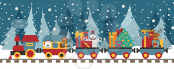 Christmas train with bear, reindeer, gifts. Seamless pattern for children. Vector illustration