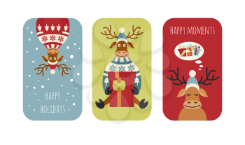 Cute reindeer sticker icon set. Elements for christmas holiday greeting card, poster design. Vector illustration