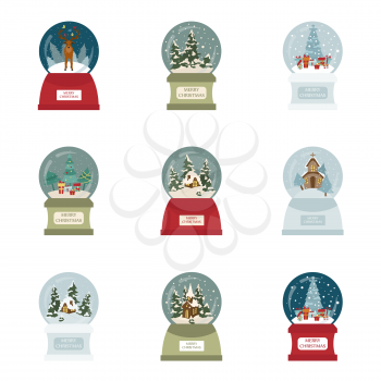 Snow globe icon set. Elements for christmas holiday greeting card, poster design. Vector illustration