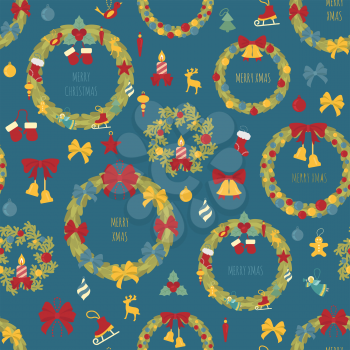 Christmas wreath seamless pattern. Decoration elements set for  holiday greeting card, poster design. Vector illustration