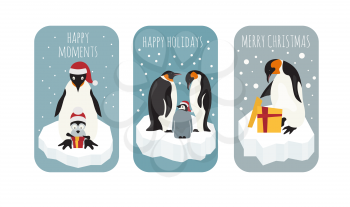 Imperial penguin on the ice floe sticker icon set. Elements for christmas holiday greeting card, poster design. Vector illustration