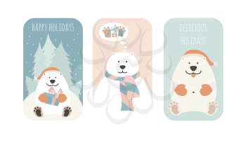 Cute fat polar bear. Christmas holiday greeting card, poster design. Vector illustration