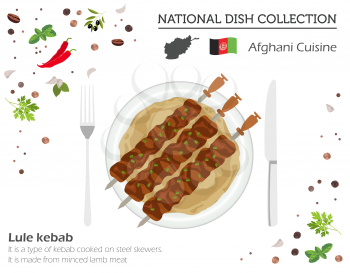 Afghani Cuisine. Middle East national dish collection. Lule kebab isolated on white, infograpic. Vector illustration
