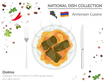Armenian Cuisine. Caucasian national dish collection. Dolma isolated on white, infograpic. Vector illustration