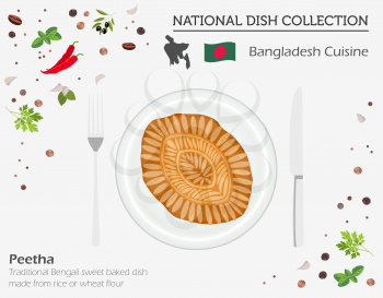Bangladesh Cuisine. Asian national dish collection. Peetha isolated on white, infograpic. Vector illustration
