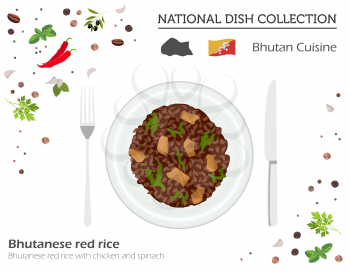 Bhutan Cuisine. Asian national dish collection. Bhutanese red rice isolated on white, infograpic. Vector illustration

