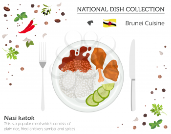 Brunei Cuisine. Asian national dish collection.  Nasi Katok isolated on white, infograpic. Vector illustration
