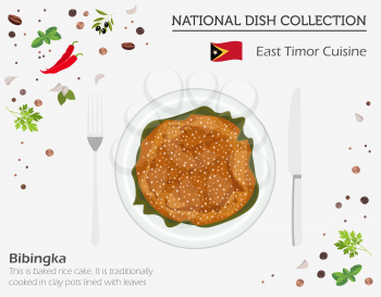 East Timor Cuisine. Asian national dish collection. Bibingka isolated on white, infograpic. Vector illustration