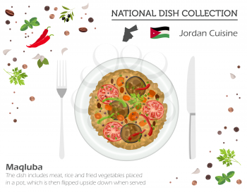 Jordan Cuisine. Middle East national dish collection.  Maqluba isolated on white, infograpic. Vector illustration
