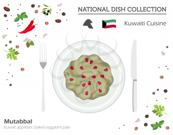 Kuwaiti Cuisine. Middle East national dish collection.  Mutabbal isolated on white, infograpic. Vector illustration
