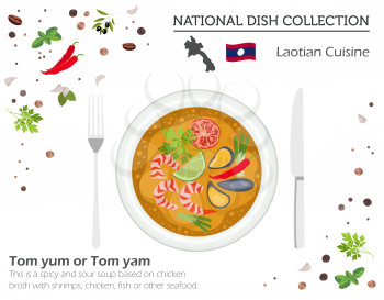 Laotian Cuisine. Asian national dish collection. Tom yum isolated on white, infograpic. Vector illustration