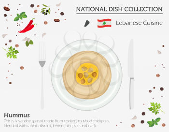 Lebanon Cuisine. Middle East national dish collection. Hummus isolated on white, infograpic. Vector illustration
