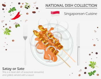 Singaporean Cuisine. Asian national dish collection. Satay isolated on white, infograpic. Vector illustration
