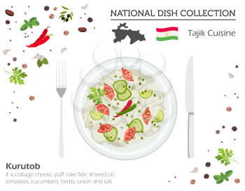Tajik Cuisine. Asian national dish collection. Kurutob isolated on white, infograpic. Vector illustration
