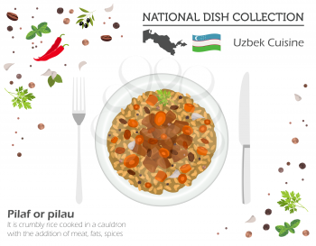 Uzbek Cuisine. Asian national dish collection. Pilaf isolated on white, infograpic. Vector illustration

