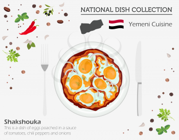 Yemeni Cuisine. Middle East national dish collection.  Shakshouka isolated on white, infograpic. Vector illustration
