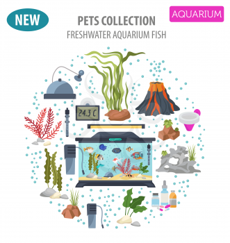Aquarium appliance icon set flat style isolated on white. Freshwater fish care collection. Create own infographic about pet. Vector illustration