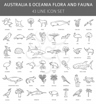 Flat Australia and Oceania flora and fauna  elements. Animals, birds and sea life simple line icon set. Vector illustration