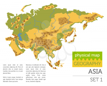 Flat Asia physical map constructor elements isolated on white. Build your own geography infographics collection. Vector illustration