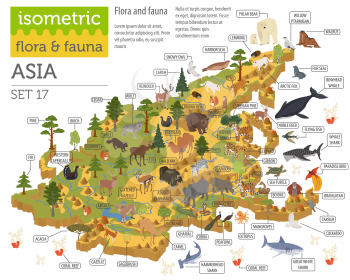 Isometric 3d Asian flora and fauna map constructor elements. Animals, birds and sea life isolated on white big set. Build your own geography infographics collection. Vector illustration
