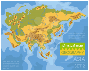 Flat Asia physical map constructor elements on the water surface. Build your own geography infographics collection. Vector illustration