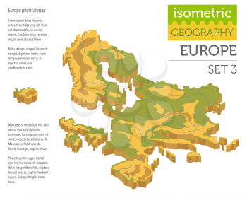 Isometric 3d Europe physical map constructor elements isolated on white. Build your own geography infographics collection. Vector illustration