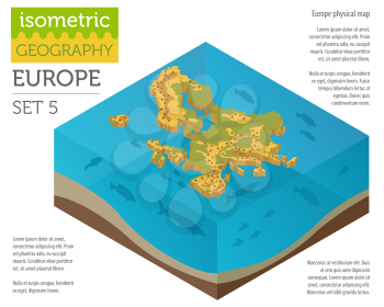 Isometric 3d Europe physical map constructor elements on the water surface. Build your own geography infographics collection. Vector illustration