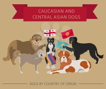 Dogs by country of origin. Caucasian and Central Asian dog breeds. Infographic template. Vector illustration