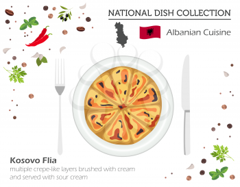 Albanian Cuisine. European national dish collection. Kosovo flia isolated on white infographic. Vector illustration