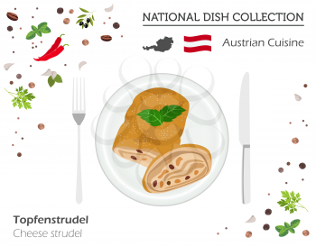 Austrian Cuisine. European national dish collection. Cheese strudel isolated on white infographic. Vector illustration