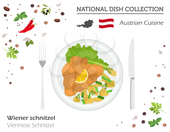 Austrian Cuisine. European national dish collection. Viennese schnitzel isolated on white infographic. Vector illustration