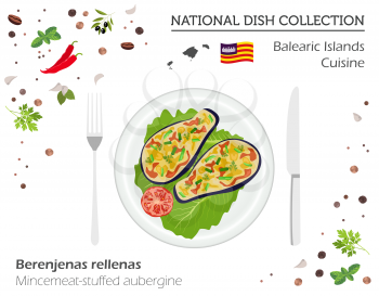 Balearic Islands Cuisine. European national dish collection. Mincemeat stuffed aubergine isolated on white, infographic. Vector illustration