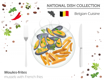 Belgian Cuisine. European national dish collection. Mussels with french fries isolated on white infographic. Vector illustration