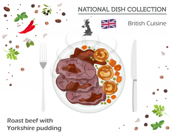 British Cuisine. European national dish collection. Roast beef with Yorkshire pudding isolated on white, infographic. Vector illustration
