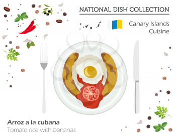 Canary Islands Cuisine. European national dish collection. Tomato rice with bananas isolated on white infographic. Vector illustration