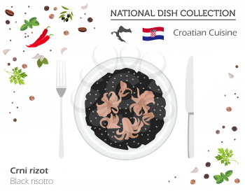 Croatian Cuisine. European national dish collection. Black risotto isolated on white, infographic. Vector illustration